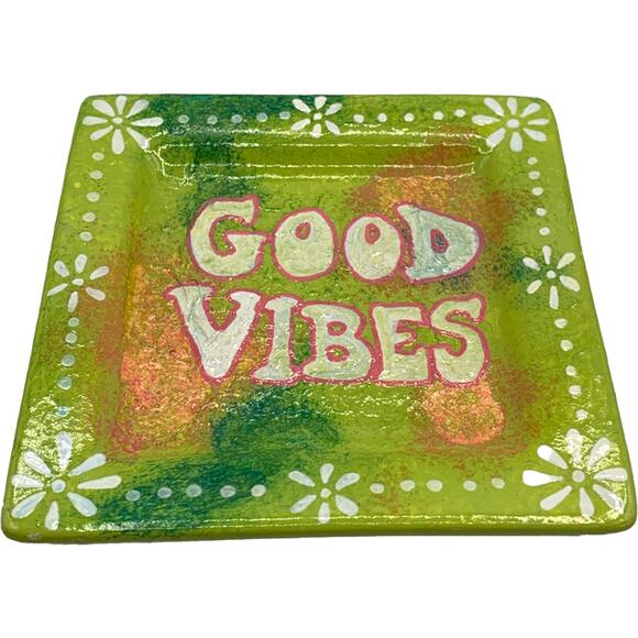 Unique Hand Painted Ceramic "Good Vibes" Trinket Dish 4" Square Green/Orange - Picture 5 of 7